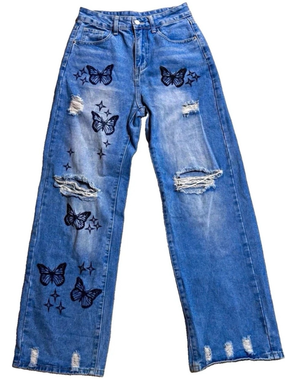 SHEIN Blue Straight-Leg Jeans with Black Butterfly Prints